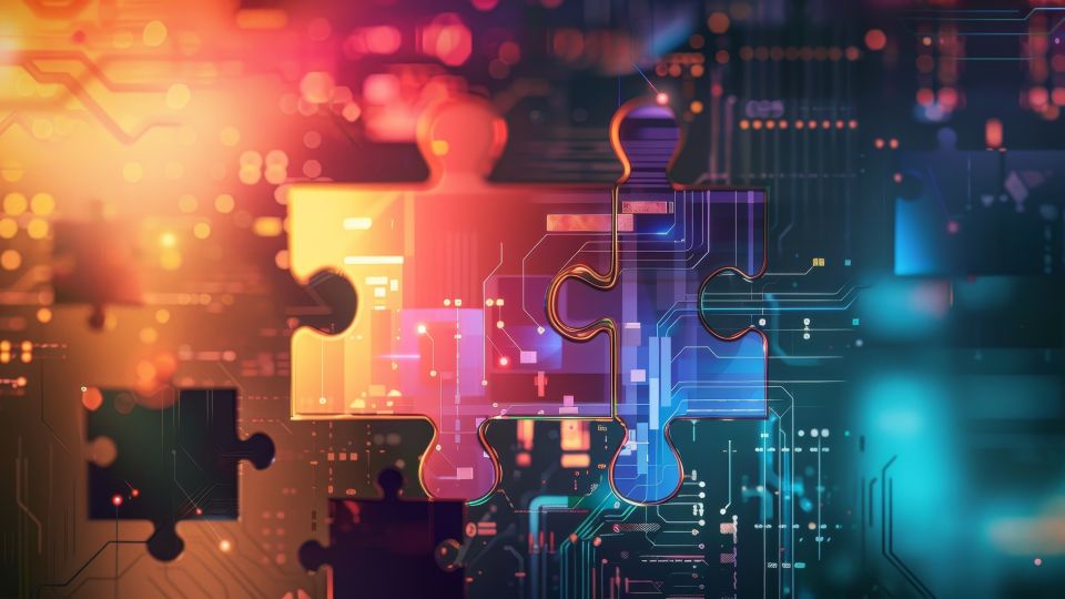 Digitale Kunst, die eine API-Integration durch ineinandergreifende Puzzleteile auf einem futuristischen Hintergrund darstellt.