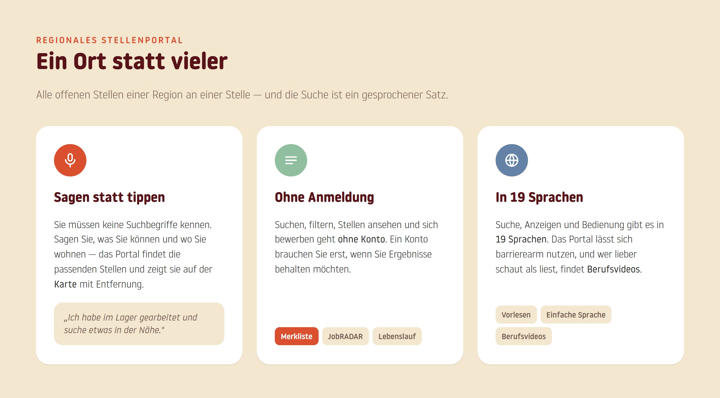 Ein Ort statt vieler: sagen statt tippen, ohne Anmeldung, in 19 Sprachen.